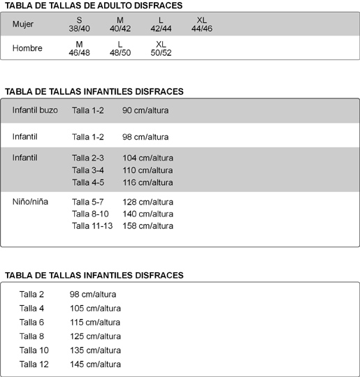 Tallas generales para los disfraces